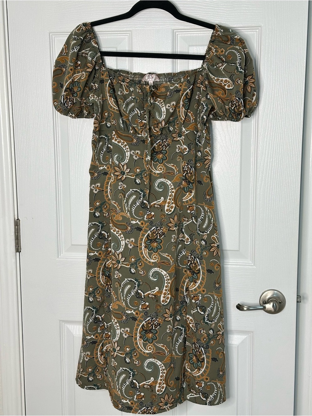 Dizzy Lizzy Large Olive Paisley Puff-Sleeve Square Neck Midi Dress - #Bohemian